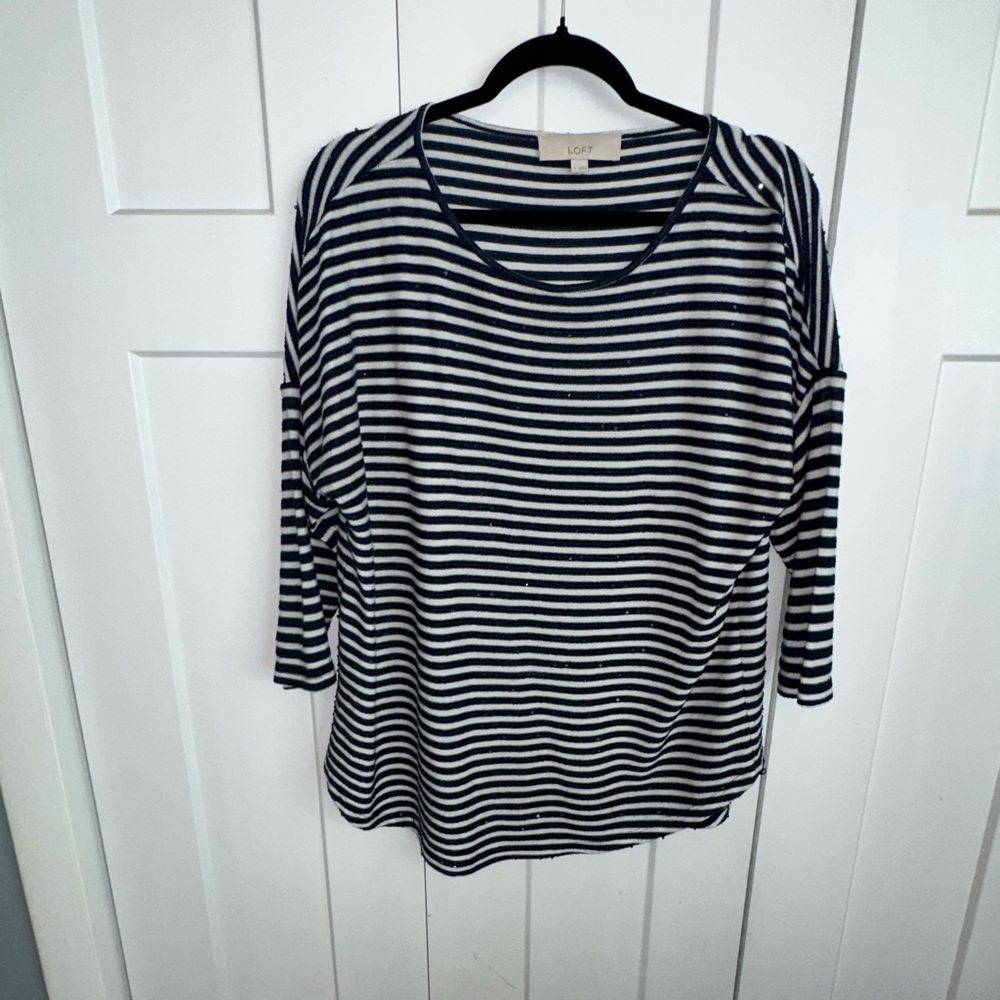 LOFT Blue and White Stripe 3/4 Length Sleeve Sweater with Sequins-large